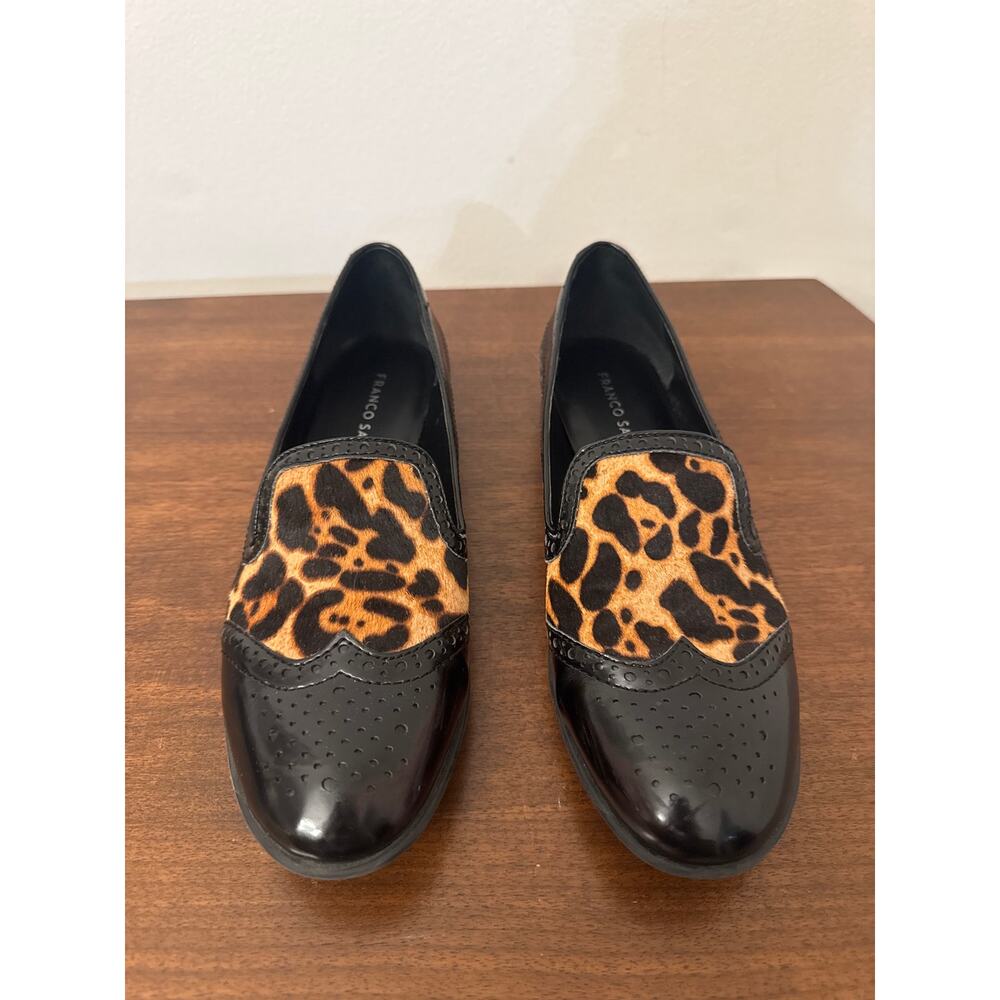 Franco Sarto Size 9 Leather Leopard Print Loafers Black Patent Brogue - Picture 2 of 9